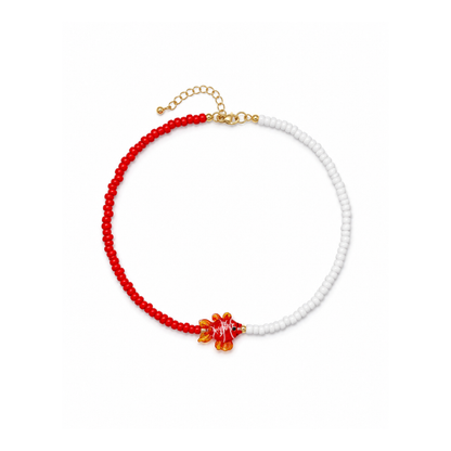 Rood-witte Saar kralenketting met handgemaakte glazen viskraal van Casa Jadel.