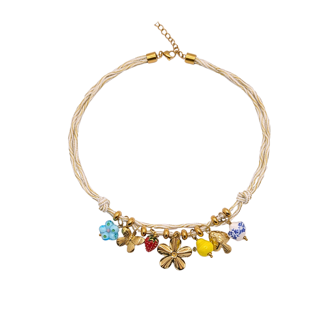 Naturel rope ketting met gouden en glazen bedels
