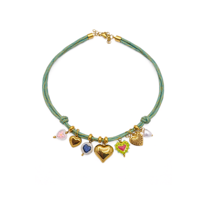 Groene rope ketting met gouden en glazen bedels Hali