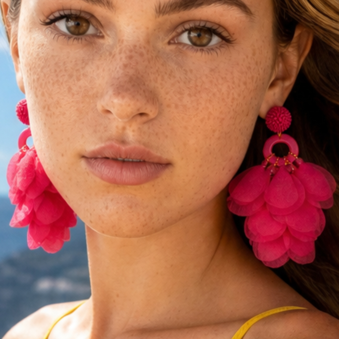 Roze bohemian statement oorbellen dames met volumineuze stof Casa Jadel gedragen door model.
