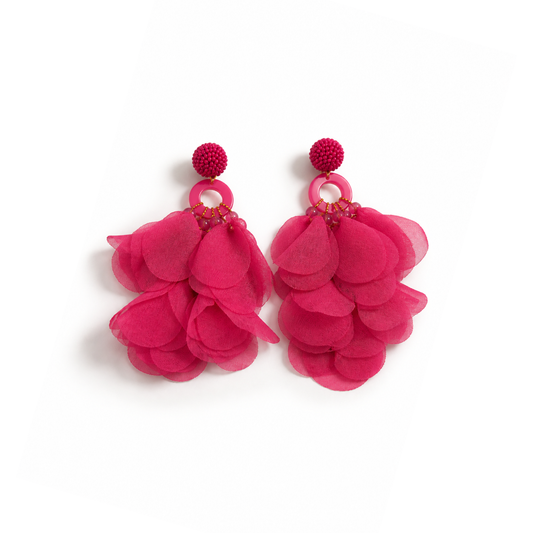 Roze bohemian statement oorbellen dames met volumineuze stof Casa Jadel