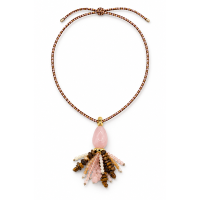 Roze-bruine lange rope ketting met natuursteen kralen kwastje