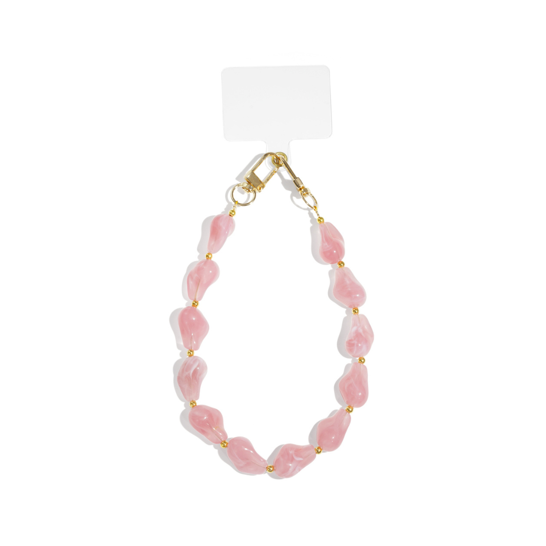 Roze chunky telefoonkoord met marble kralen en gouden sluitingen