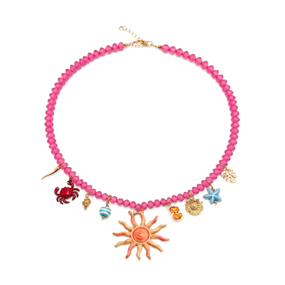 Roze facet kralenketting met zon bedel en strand bedels Casa Jadel