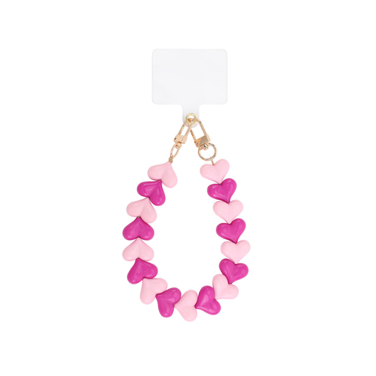 Roze en fuchsia hartjes telefoonkoord met glanzende kralen en goudkleurige sluiting van Casa Jadel