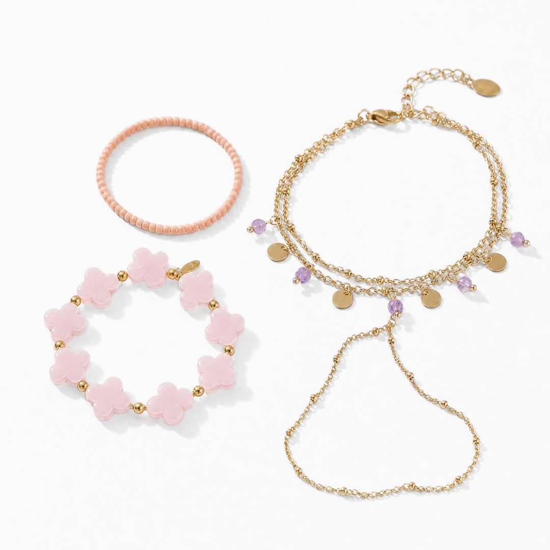 Roze handchain set met gouden handchain en roze armbanden van Casa Jadel