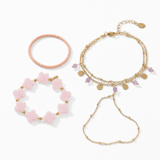 Roze handchain set met gouden handchain en roze armbanden van Casa Jadel