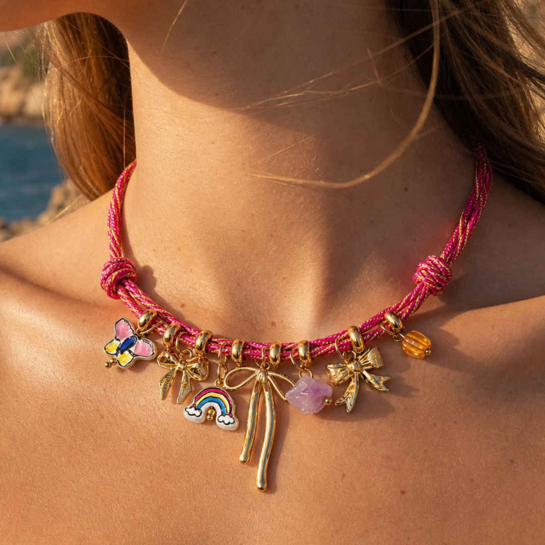 Model draagt roze koordketting met kleurrijke bedels van Casa Jadel
