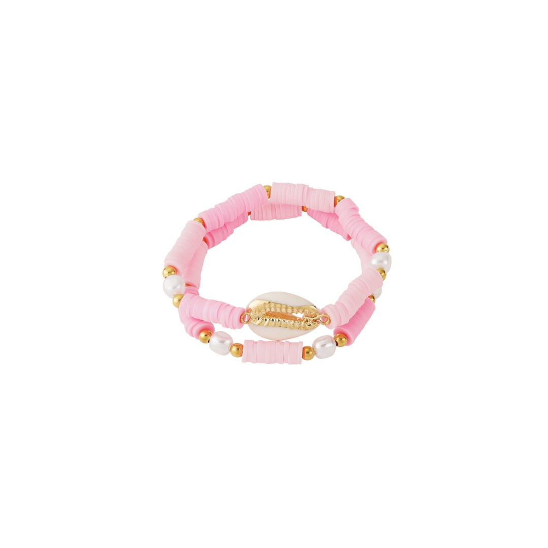 Roze kralen armbandenset met schelpbedel, parels en goudkleurige kralen voor dames.