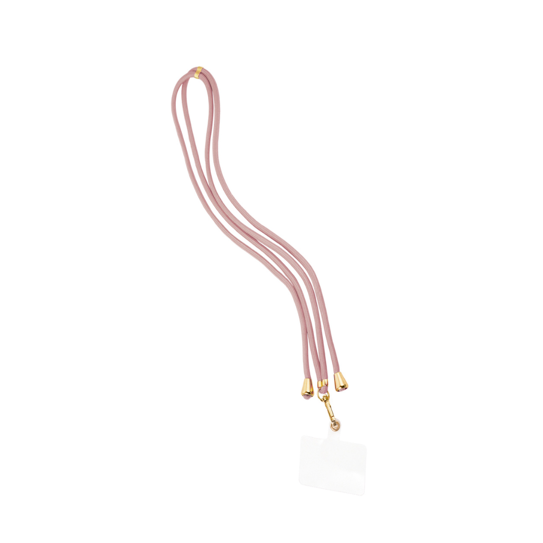 Roze lang telefoonkoord rope met goudkleurige details en crossbody draagfunctie