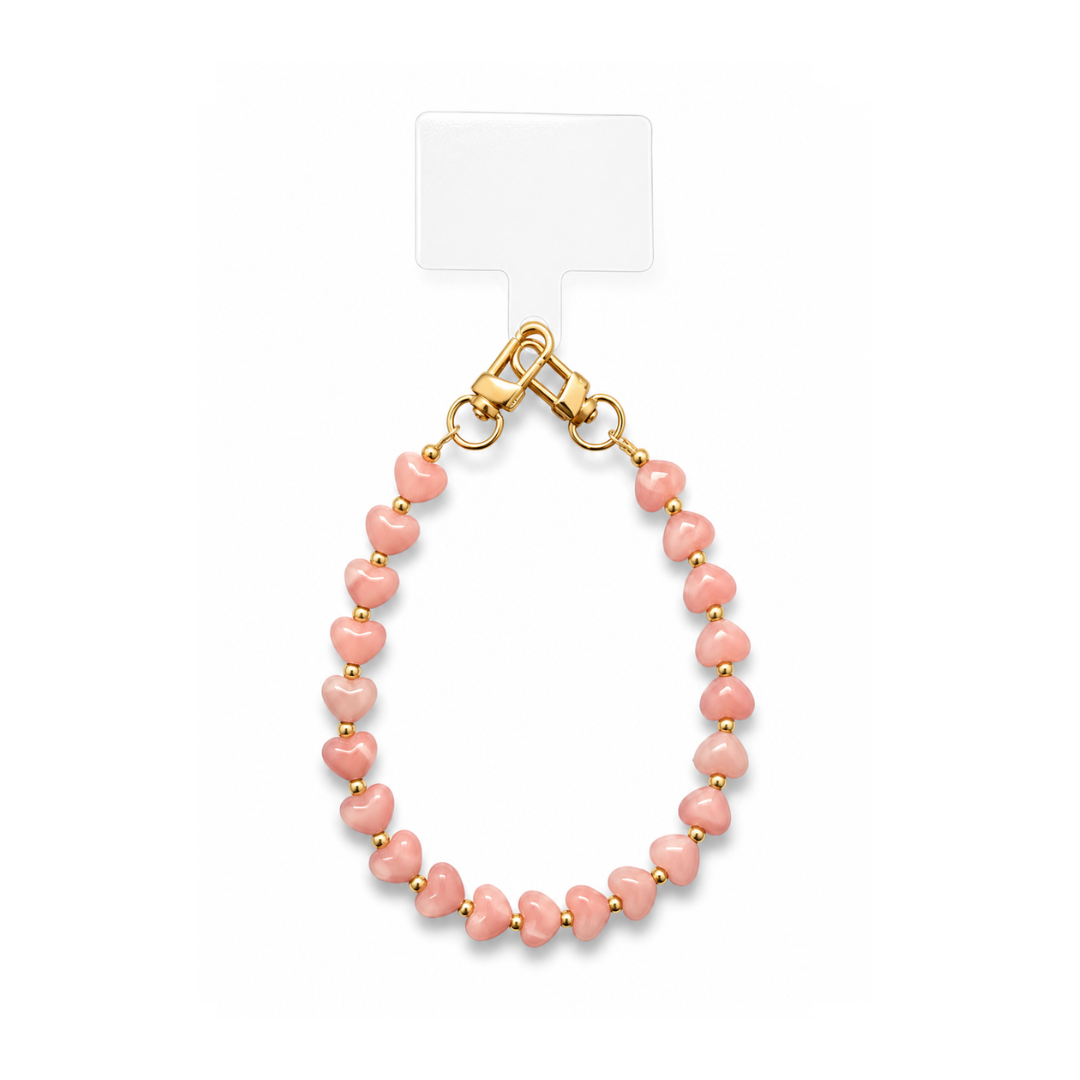 Roze marble hartjes telefoonkoord met goudkleurige details en glanzende roze hartvormige kralen