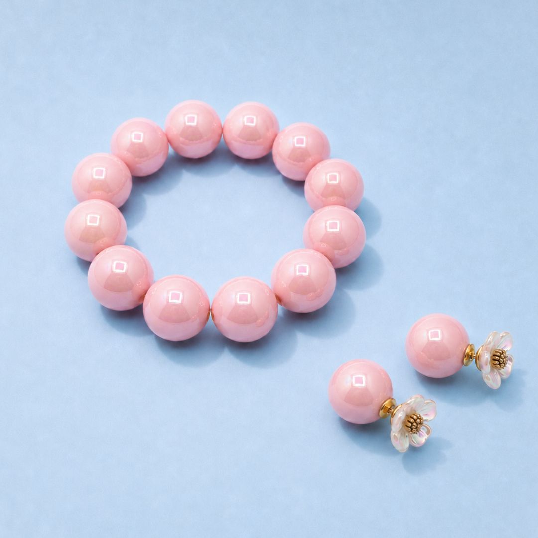 ALT-tekst
roze metallic Eva set met kralenarmband en bijpassende oorbellen