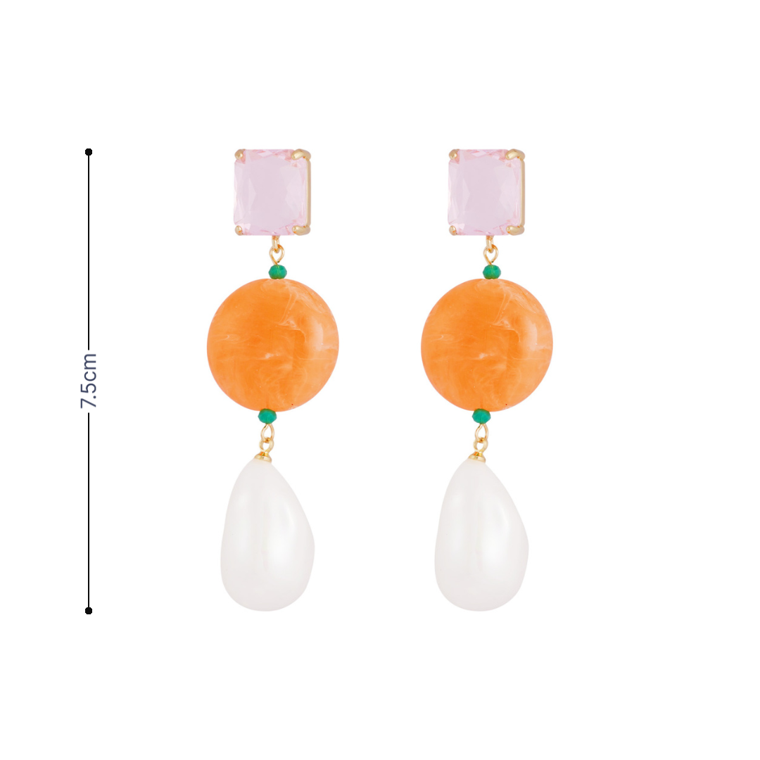 Roze-oranje oorhangers met facetgeslepen kristal en barok parel. Afmeting