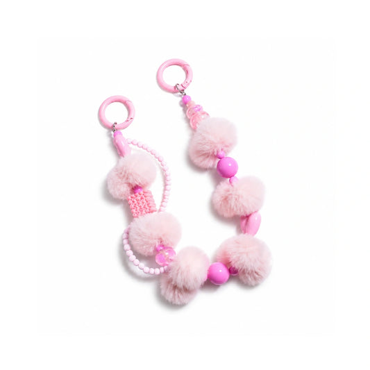 Babyroze pompom tashanger met fuchsia chunky kralen en kralenlus