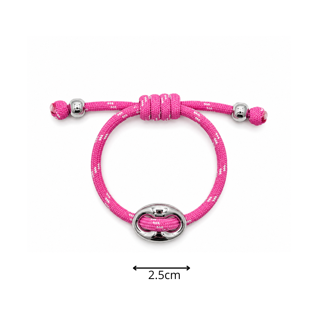 Roze rope armband met zilverkleurige bean-bedel en verstelbare sluiting van Casa Jadel afmeting