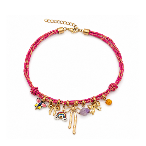 Roze rope ketting met gouden en glazen bedels Hali