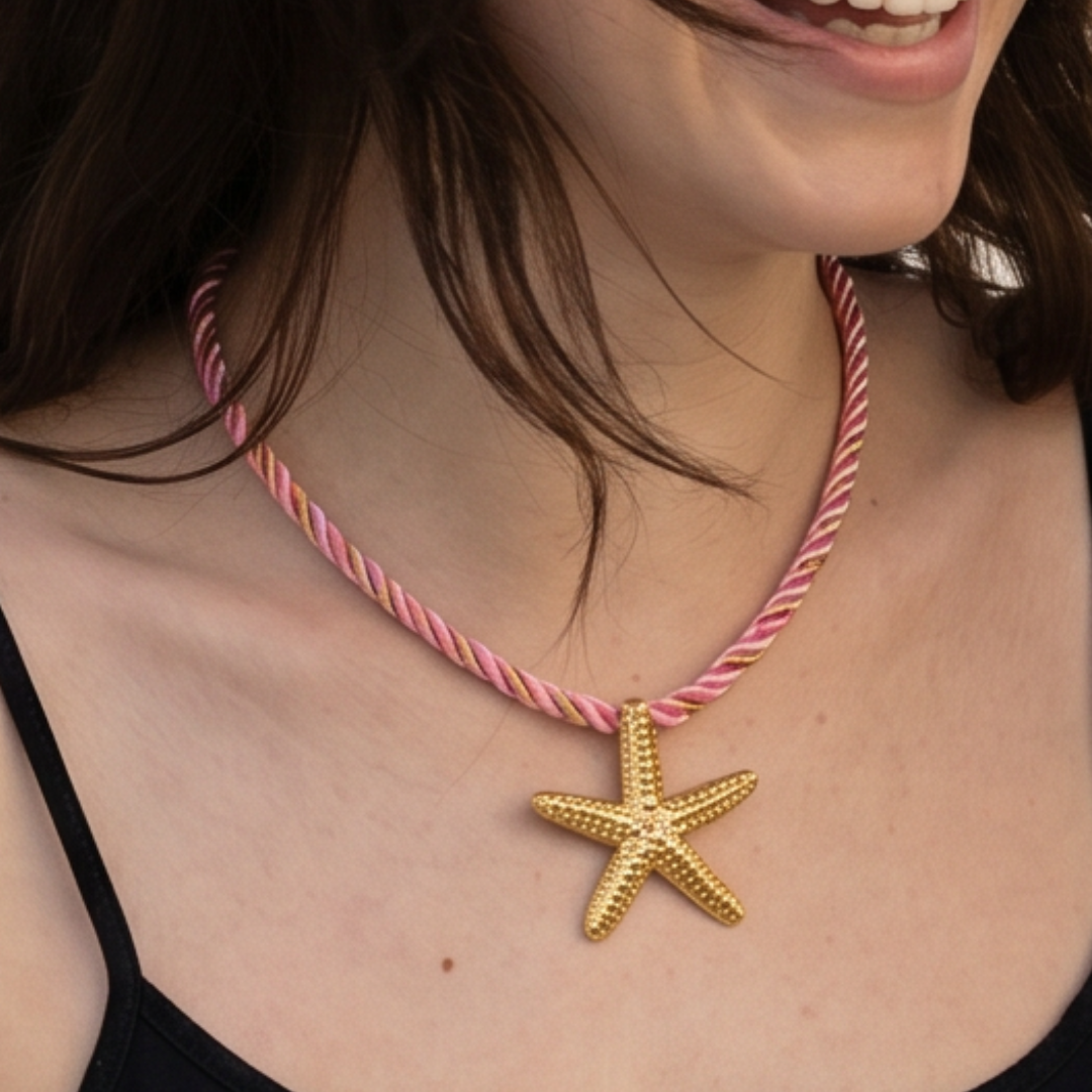 Roze rope ketting met gouden zeester dames zomerse ketting Casa Jadel gedragen