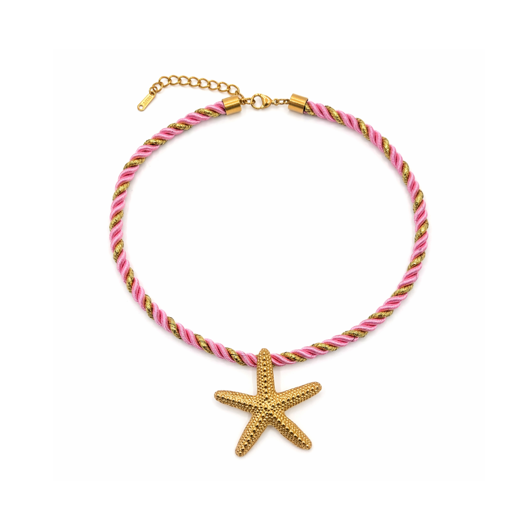 Roze rope ketting met gouden zeester dames zomerse ketting Casa Jadel