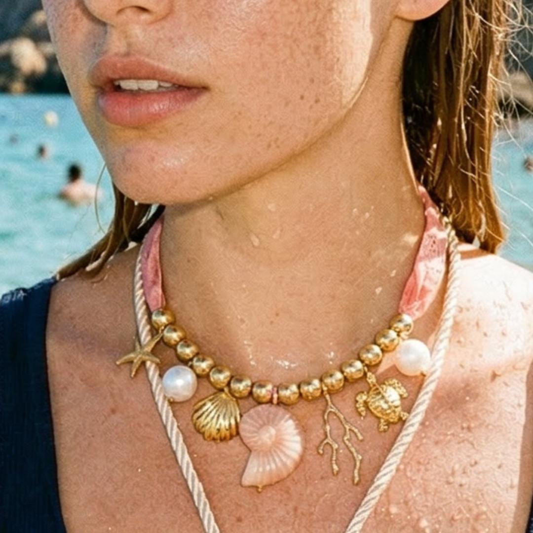 Gouden ketting met schelpen en zee bedels gecombineerd met kralen en koord zomerse strandlook Casa Jadel
