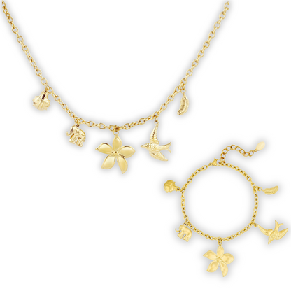 Setje gouden bedel ketting en armband met lieveheersbeestje olifant bloem vogel blad