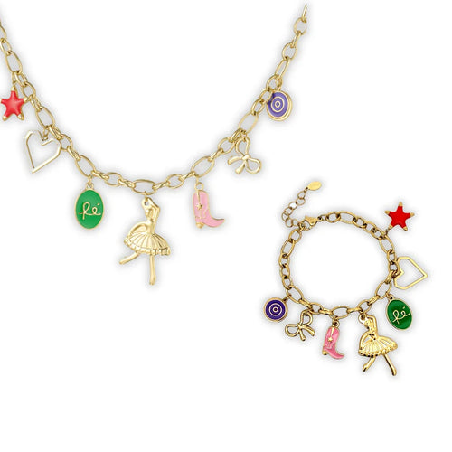 Setje gouden bedel ketting en armband bedeltjes ballerina cowboylaars hartje strikje
