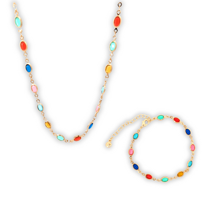 Setje gouden multicolor schakel armband en ketting