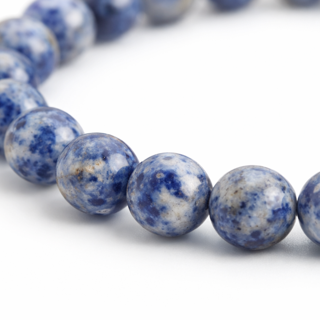 inzoom Sodaliet natuursteen kralenarmband met diepblauwe kralen en witte aders op witte achtergrond.