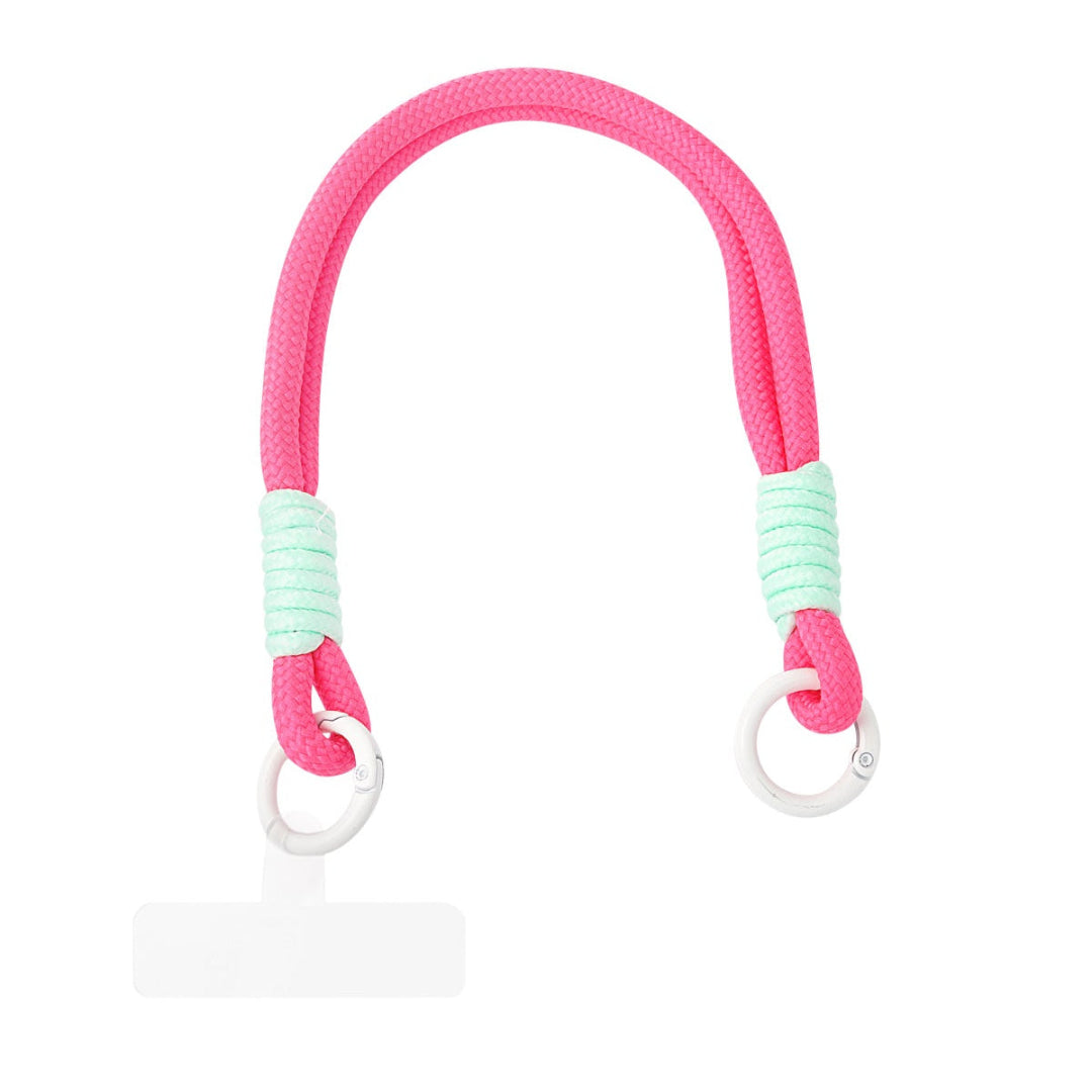 Neonroze telefoonkoord met mintgroene details en stevige ringen van Casa Jadel