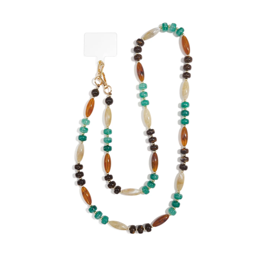 Turquoise amber lange kralenketting met bruine en offwhite kralen en gouden details