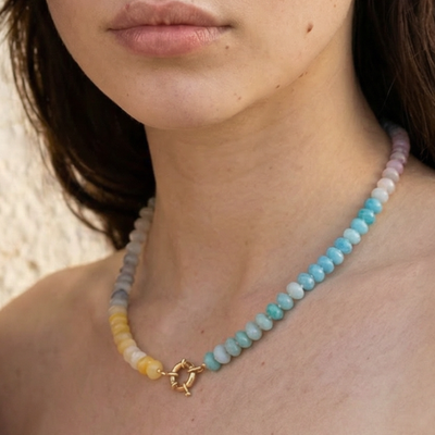 Geel- turquoise glazen kralenketting Ibiza Style