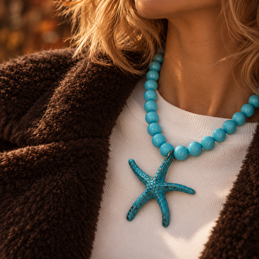Model in de herfst met turquoise kralenketting Iris met 13,5 mm marble kralen en een oversized zeester bedel van 9 cm.