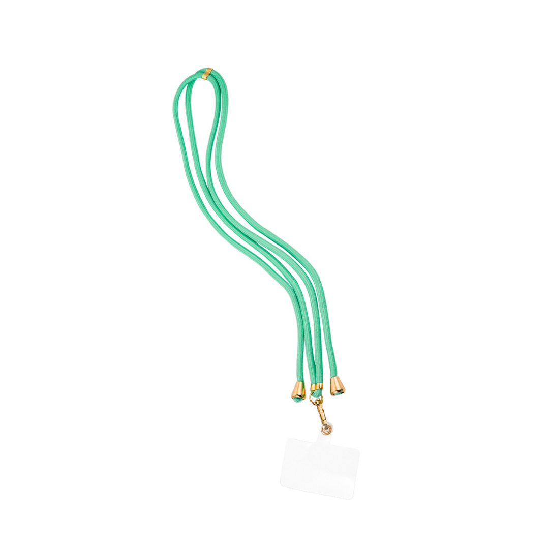 Turquoise lang telefoonkoord rope met goudkleurige details en crossbody draagfunctie