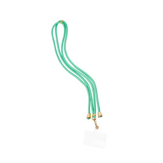 Turquoise lang telefoonkoord rope met goudkleurige details en crossbody draagfunctie