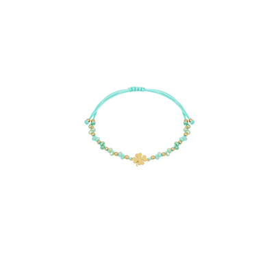 Turquoise touw armbandje gouden klavertje kraaltjes