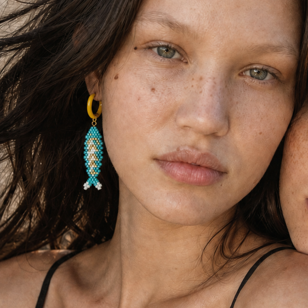Model draagt turquoise vis oorbellen met gele hoops van Casa Jadel