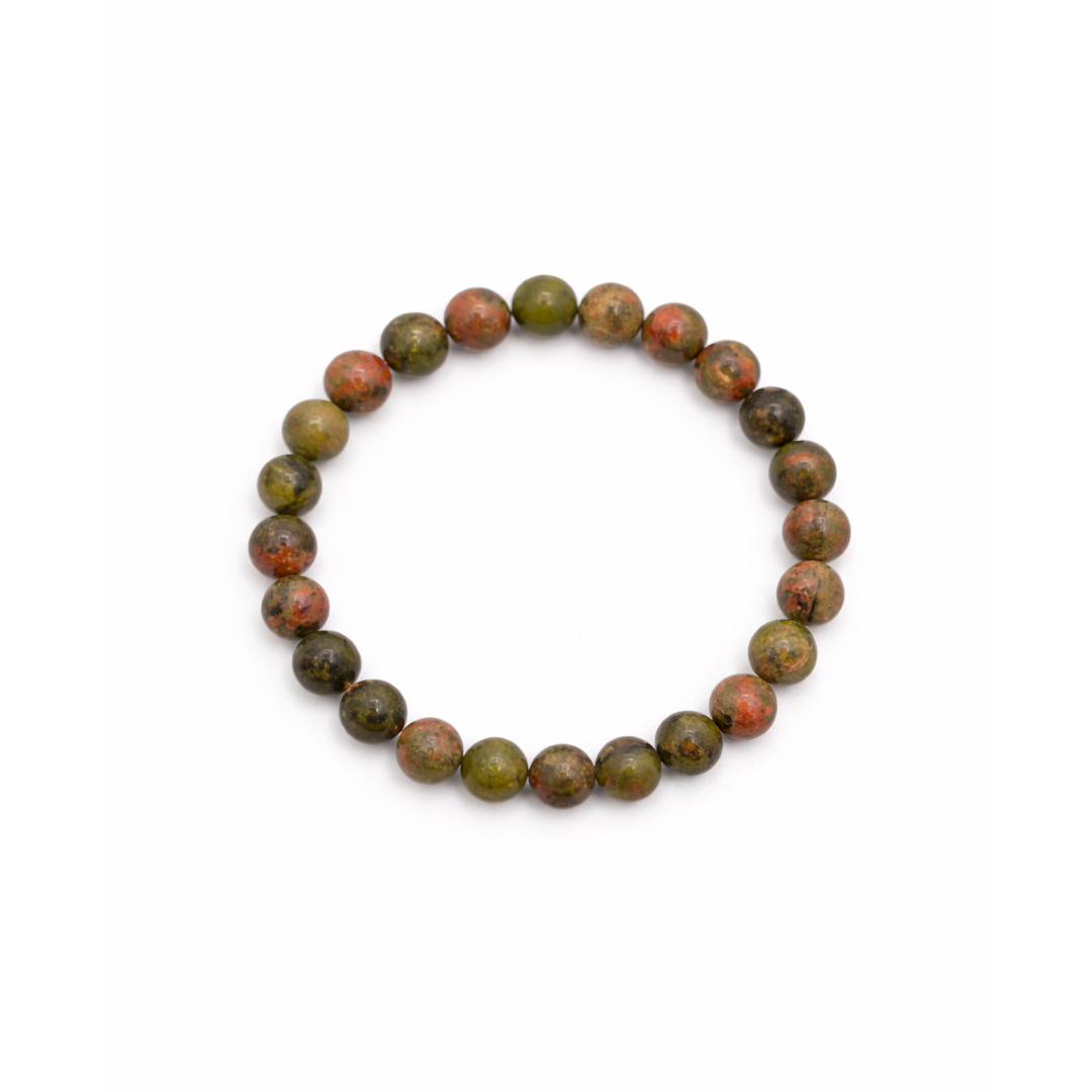 Unakiet natuursteen kralenarmband met groene en aardetinten.
