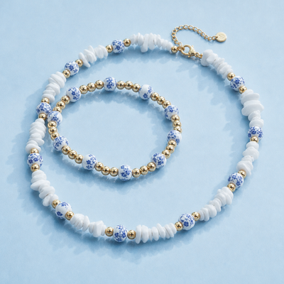 Wit-blauwe kralen set | ketting en armband