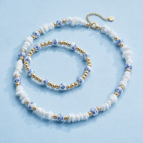 Wit-blauwe kralen set | ketting en armband