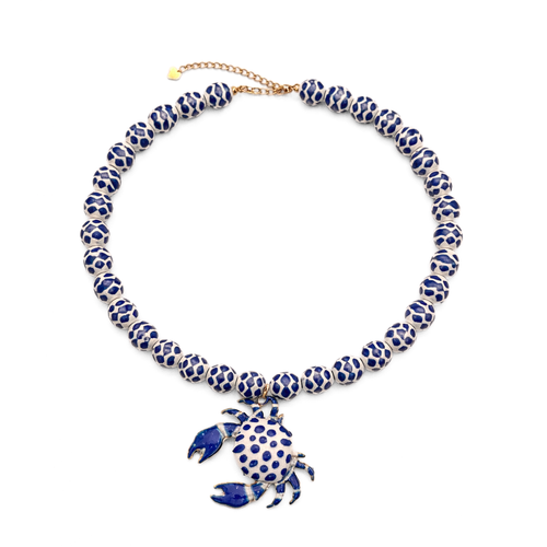 Wit-blauwe grote kralenketting met krab bedel