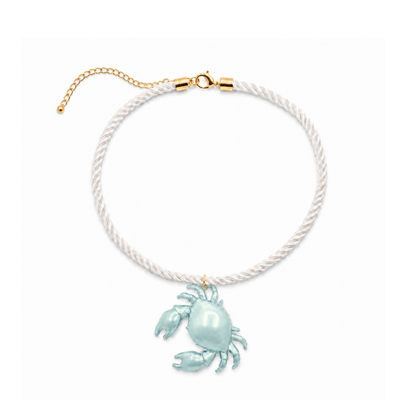 Witte gedraaide rope ketting met oversized turquoise krab hanger.