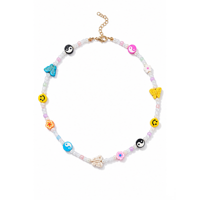 Witte kralenketting met smiley en vlinders Y2K
