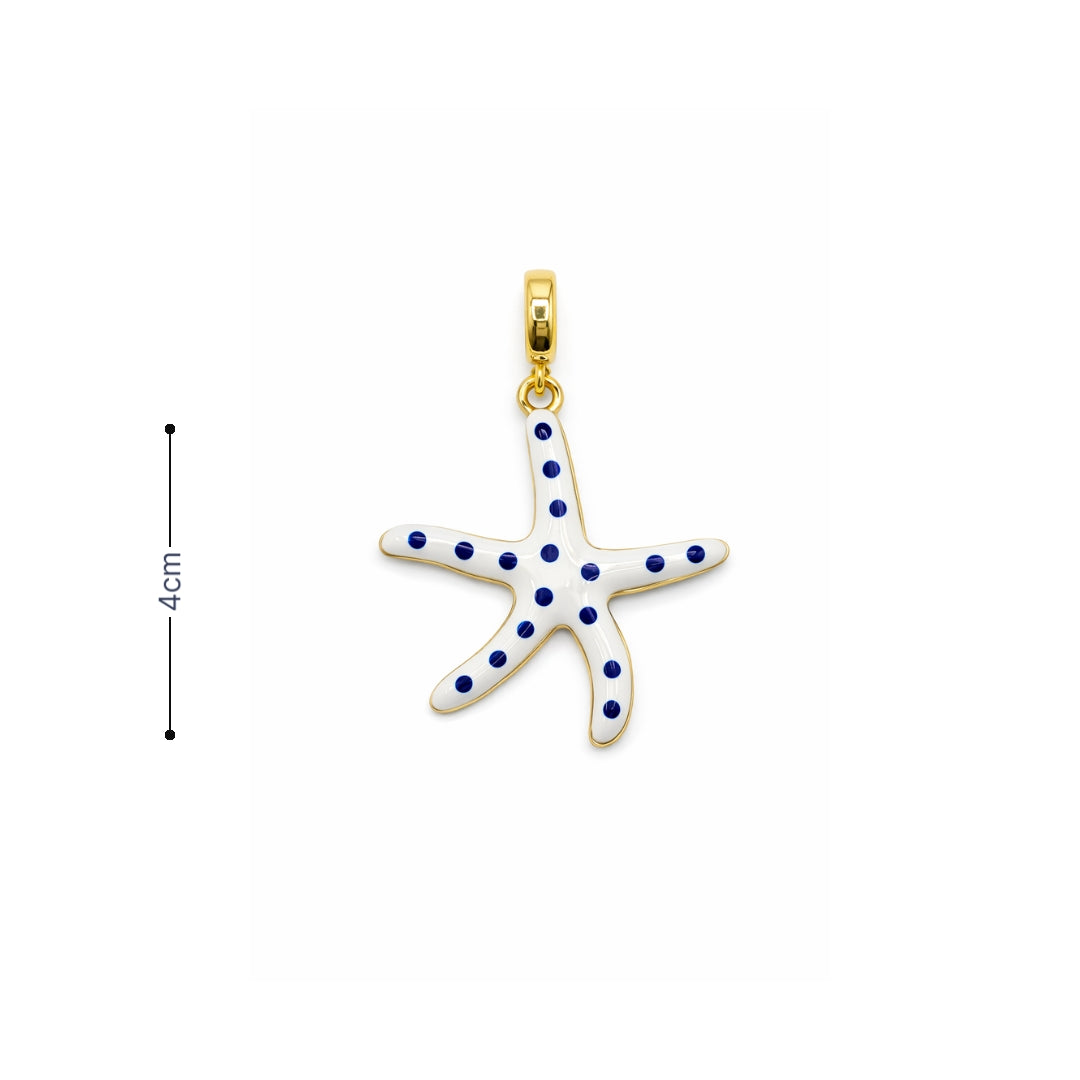 Witte zeester bedel met blauwe stippen en goudkleurige hanger. afmeting