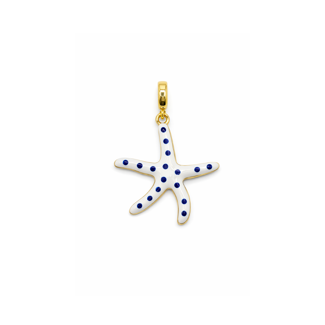 Witte zeester bedel met blauwe stippen en goudkleurige hanger.