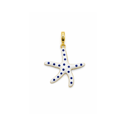 Witte zeester bedel met blauwe stippen en goudkleurige hanger.