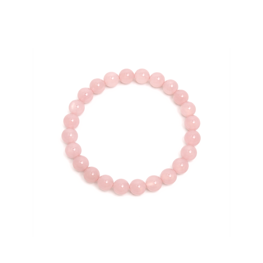 Zacht rozenkwarts kralenarmband met ronde natuursteen kralen.