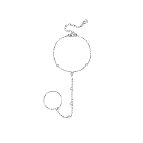Zilveren hand chain armband met ring ronde steentjes