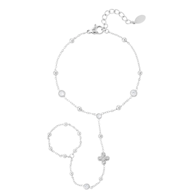 Zilveren hand chain armband met ring strass clover