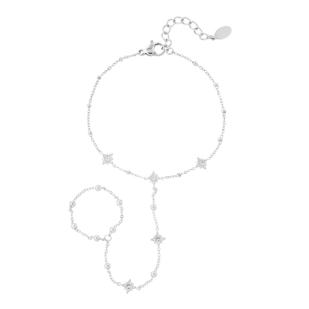 Zilveren hand chain armband met ring, ster details en strass steentjes