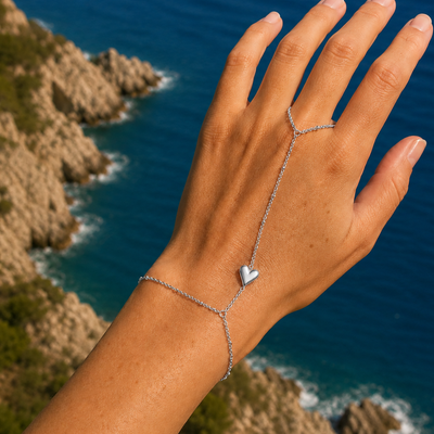 Zilveren hand chain dubbele armband met ring hartje
