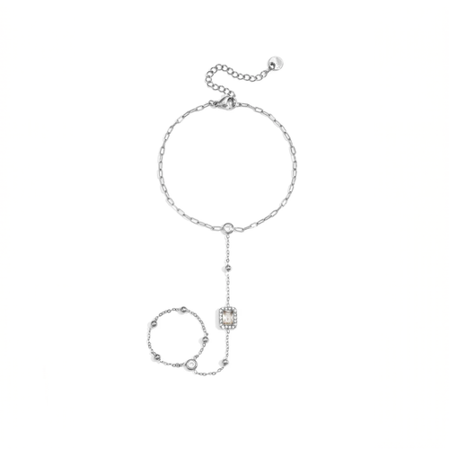 Zilveren handchain armband met ring statement steen